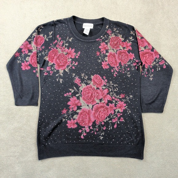 Rebecca Malone Size M Womens Black Pink Rose Floral Rhinestone Sweater 3/4 Slv — photo 2